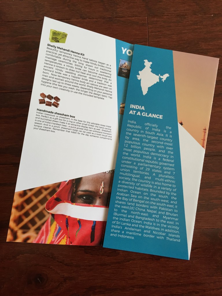 escape monthly january india box info card opened with fact sheet showing