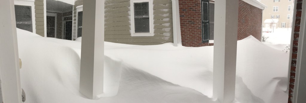 snow drifts by front door from blizzard 2016