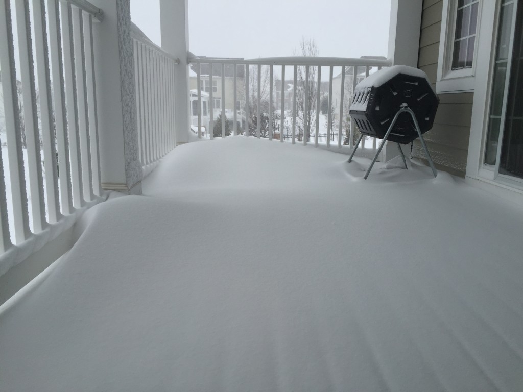 snow gathering on porch during blizzard 2016