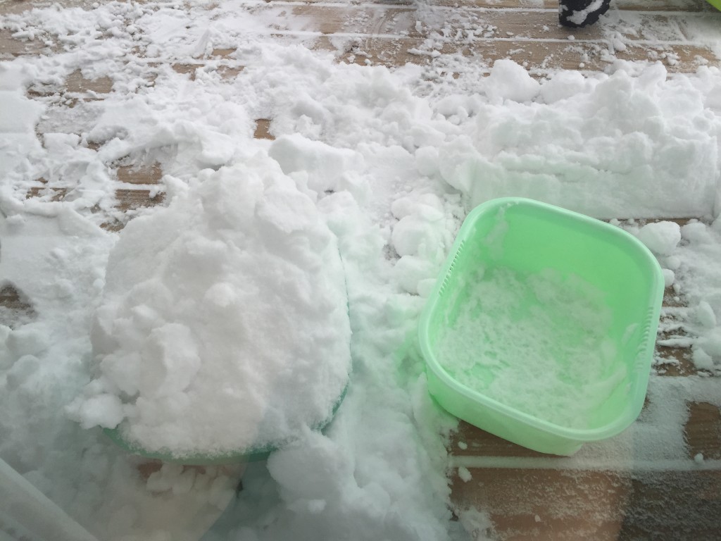 snow in plastic buckets/tubs to clear porch during blizzard 2016