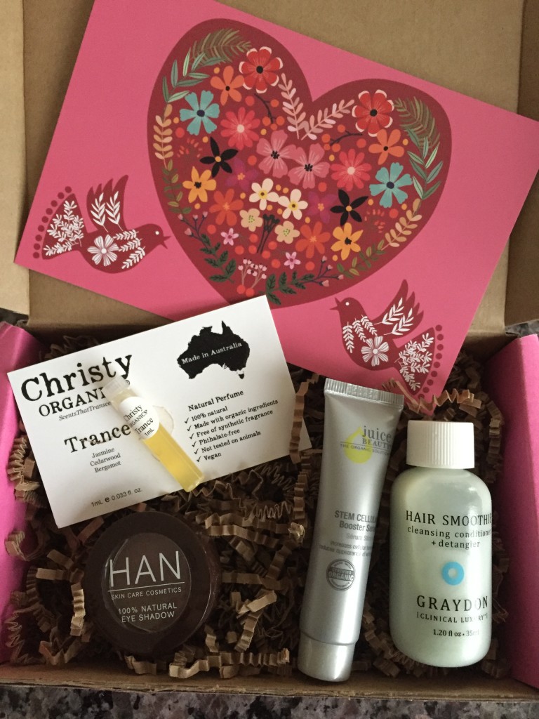 contents of petit vour february 2016 box with oh, it is love! theme and info card