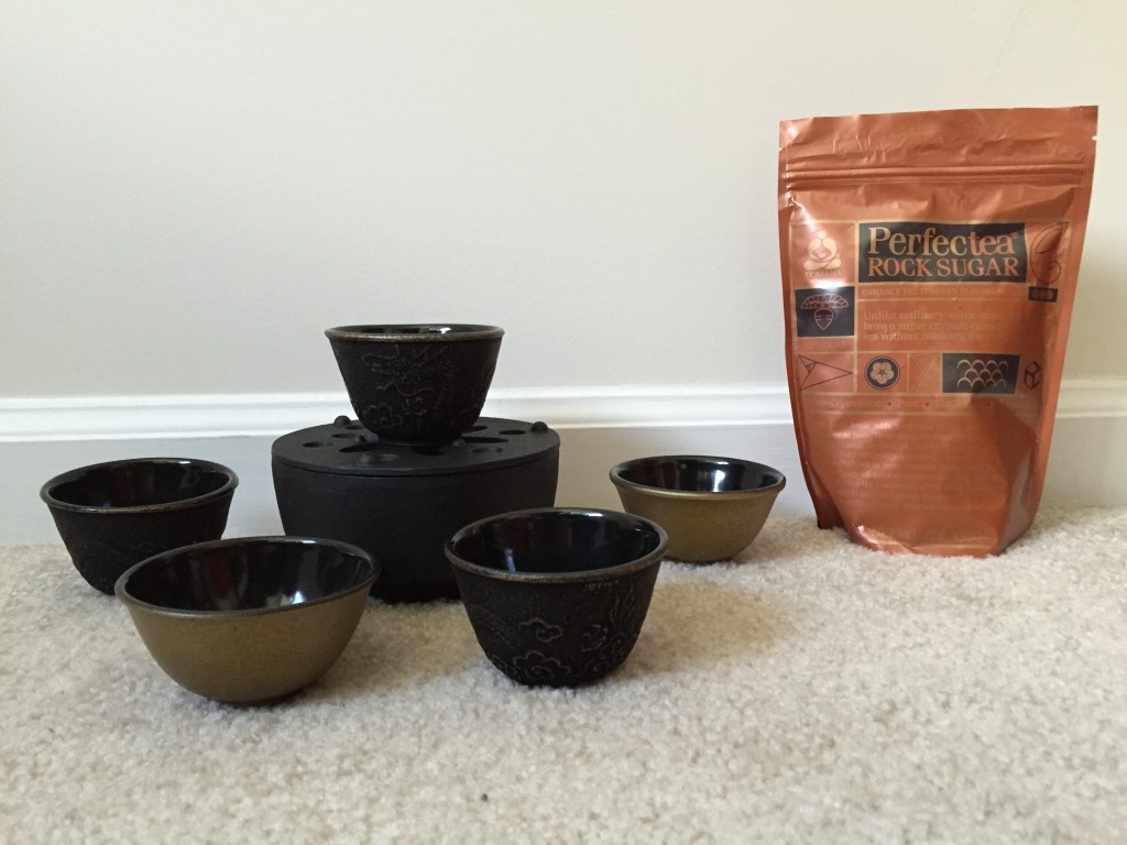 teavana tea cups, warmer, and rock sugar