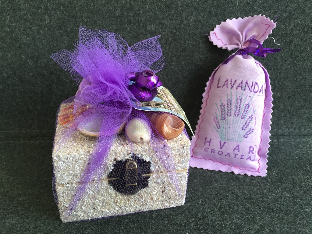 box of lavender buds and essential oil drops, plus bonus pouch of lavender buds from hvar in croatia