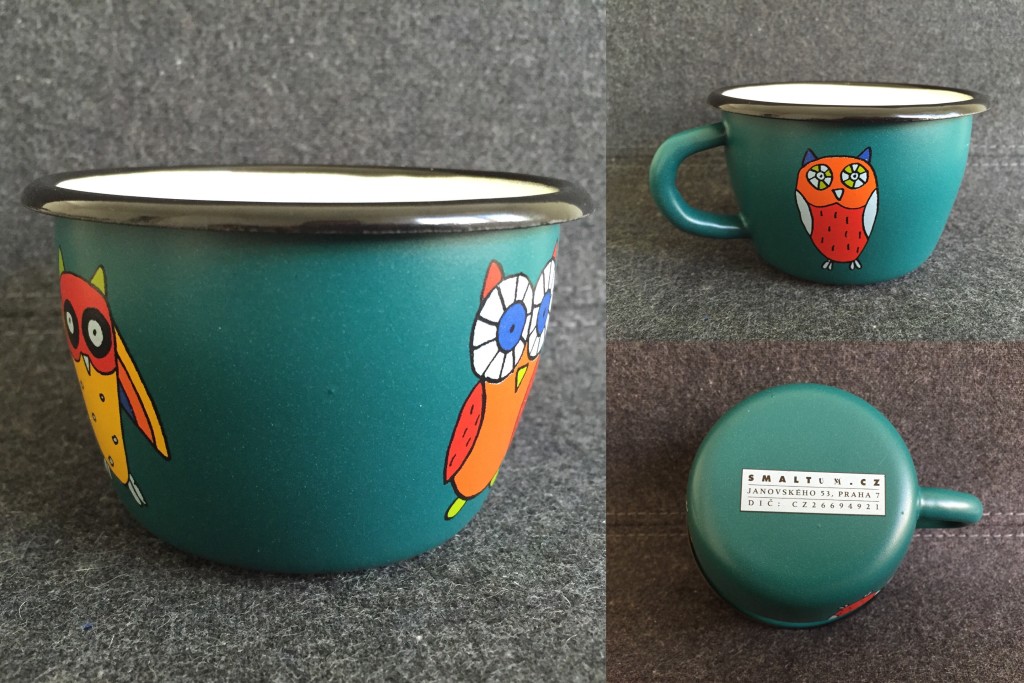 teal metal cup with owl designs