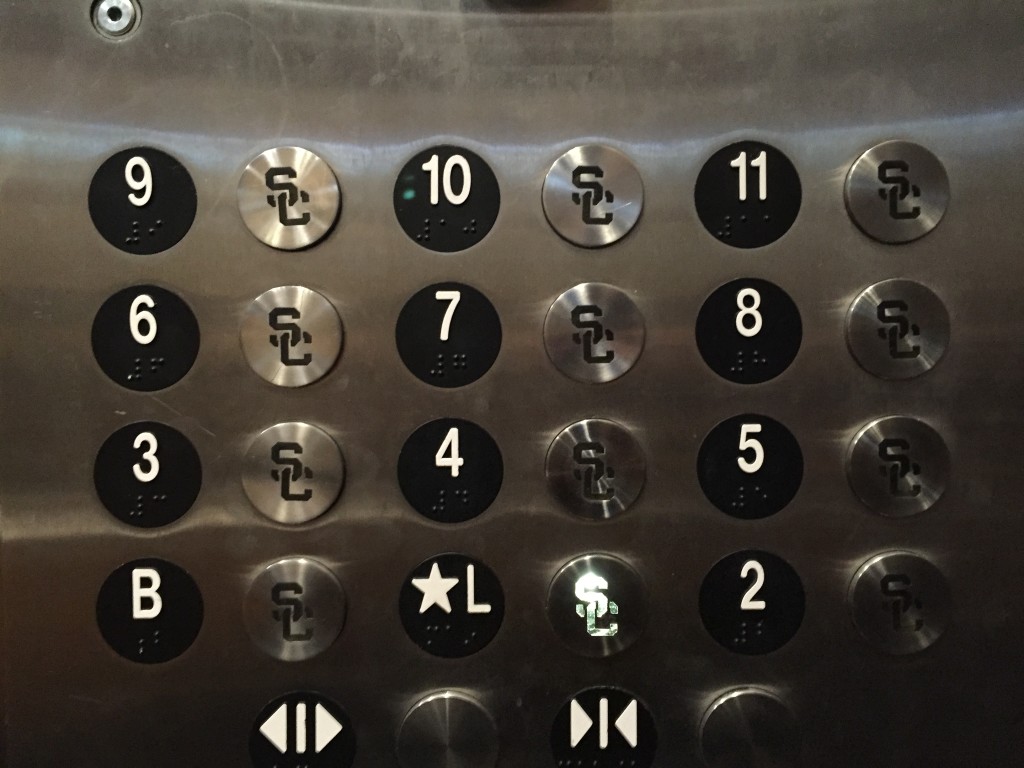 sc themed elevator buttons at radisson midtown hotel