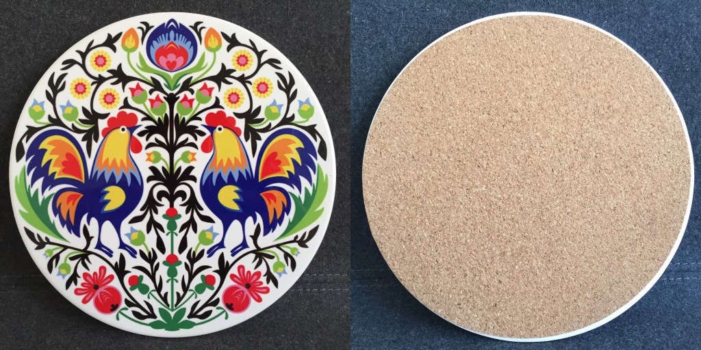 brightly-colored coaster with roosters and flowers