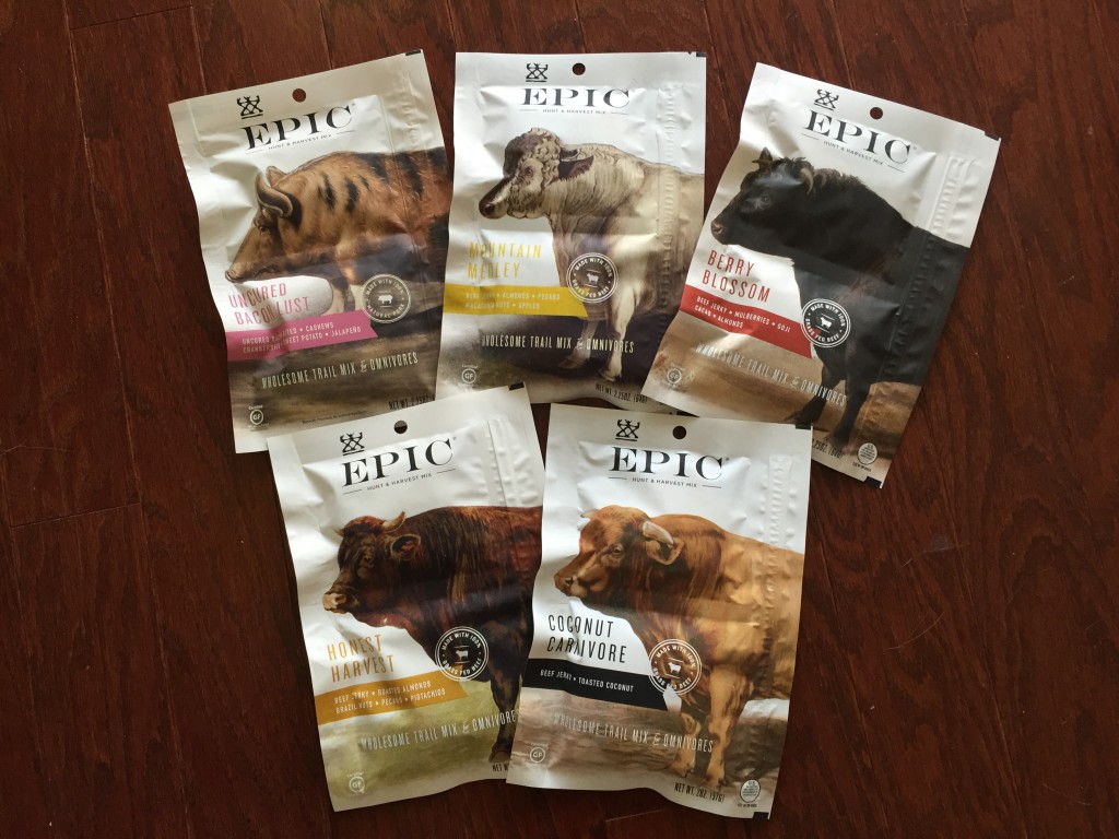 five assorted bags of epic jerky