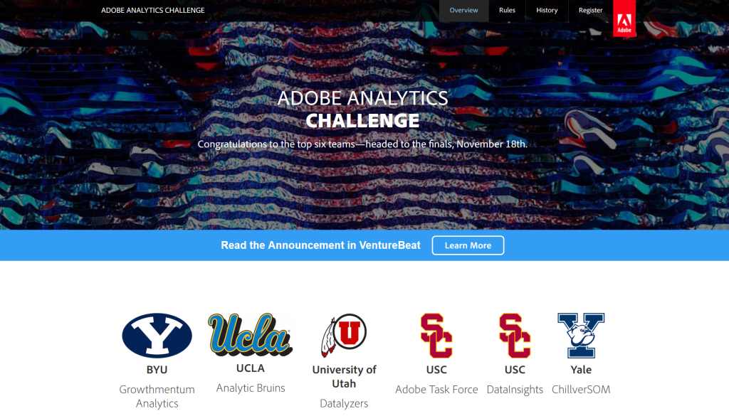 adobe analytics challenge XV homepage with six finalist teams