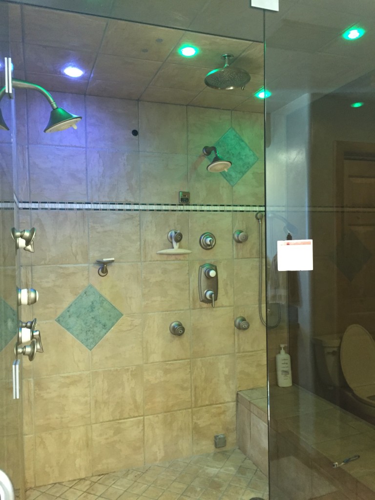 fancy shower with lights and steam room function
