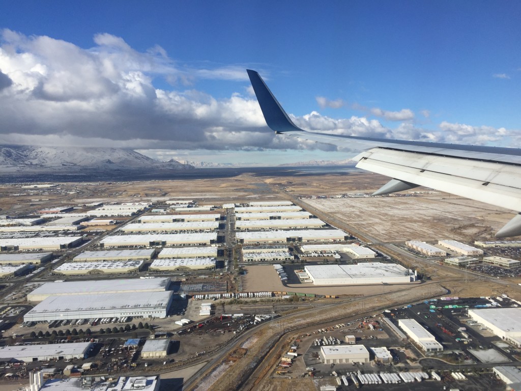 view outside plane window when landing at salt lake city airport