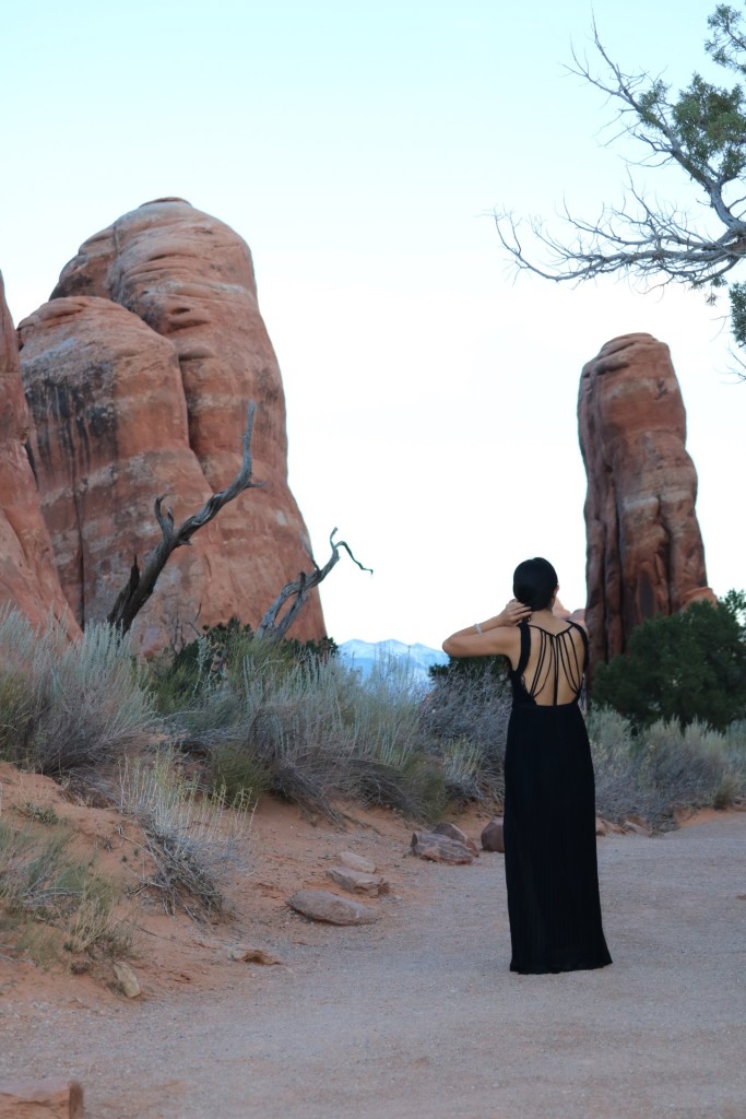 back view of dress at arches national park