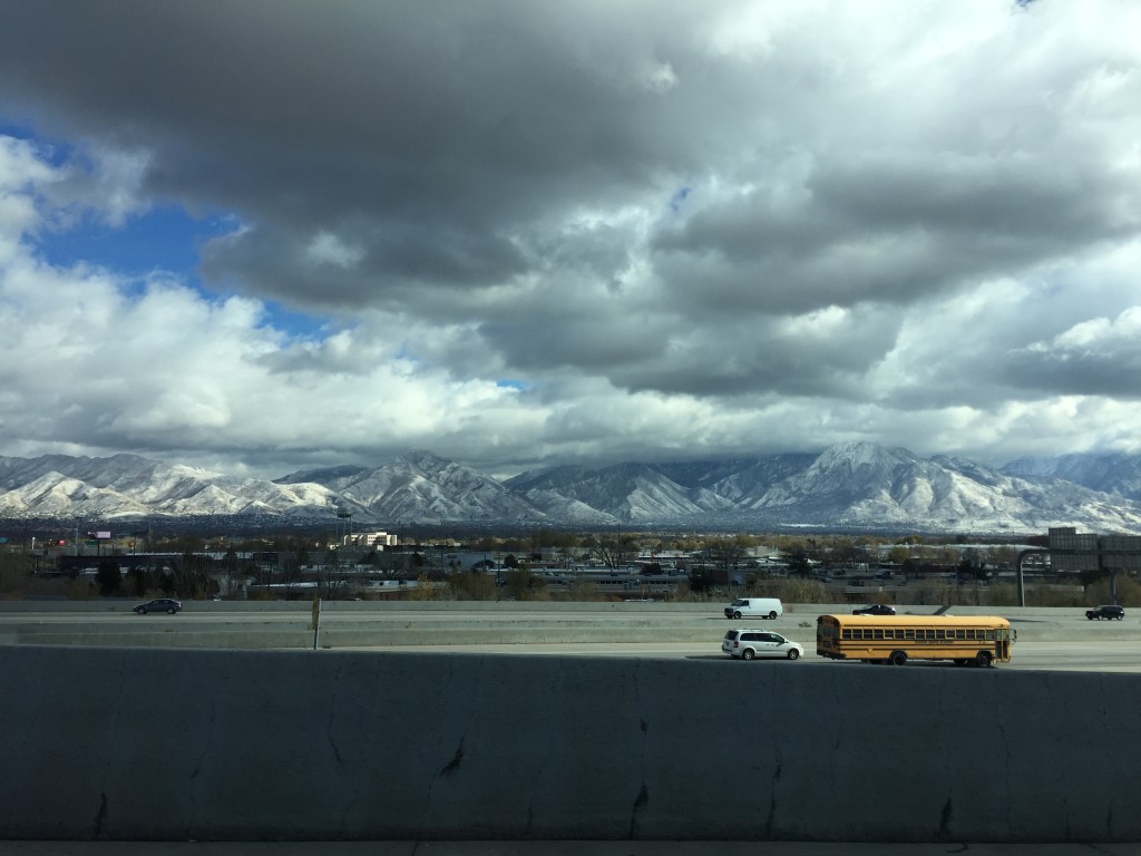 first glimpse at beautiful snowy mountains in utah