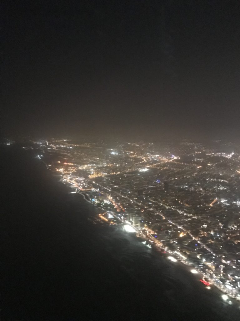 view of tel aviv coast from plane at night
